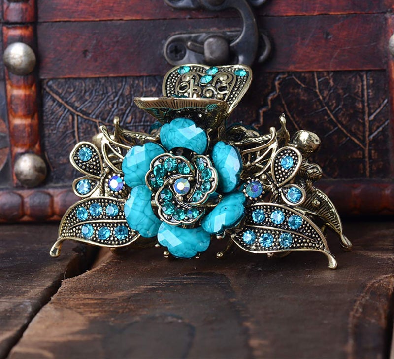 Fodattm Women Lady Retro Rose Flower Imitation Turquoise Hair Claw Clip Vintage Alloy Rhinestone Non-Slip Hair Jaw Clips Hairpin Hair Clamp (Blue) - Image 2